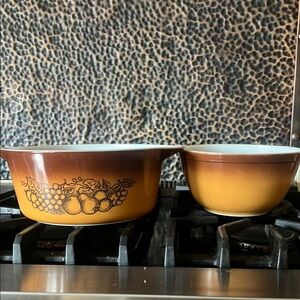 Vintage PYREX Old Orchard casserole dish and mixing bowl set